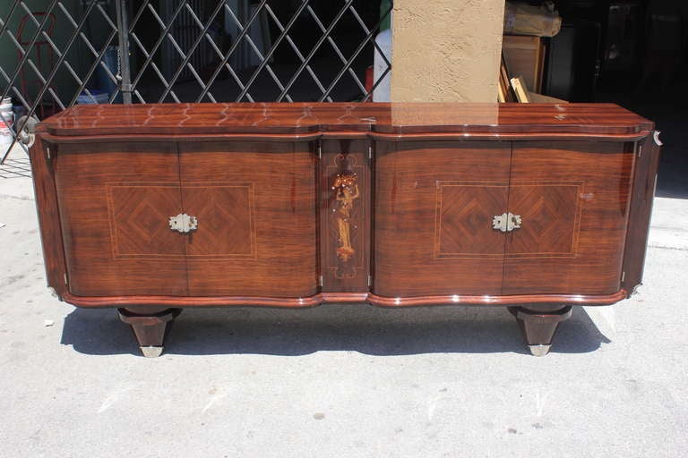 A French Art Deco Palisander Rio Buffet, Mother of Pearl Accents, High Polish Nickel Plated Hardware.