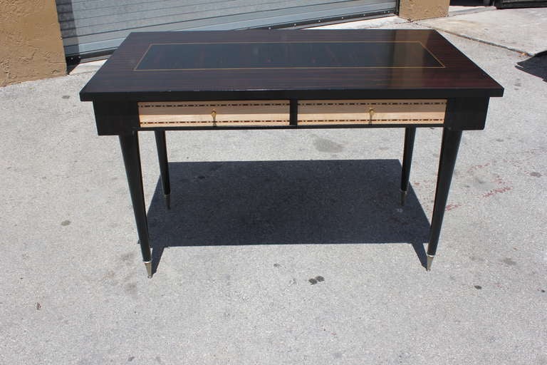 A French Art Deco Exotic Macassar Ebony Writing Desk, 2 Drawer, Large Writing Surface, Nickel Plated Toe Caps.