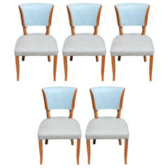 Set of Five Fabulous French Art Deco Two-Toned Leather Walnut Dining Chairs