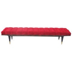 French Art Deco Long Red Velvet Exotic Macassar Ebony Sitting Bench