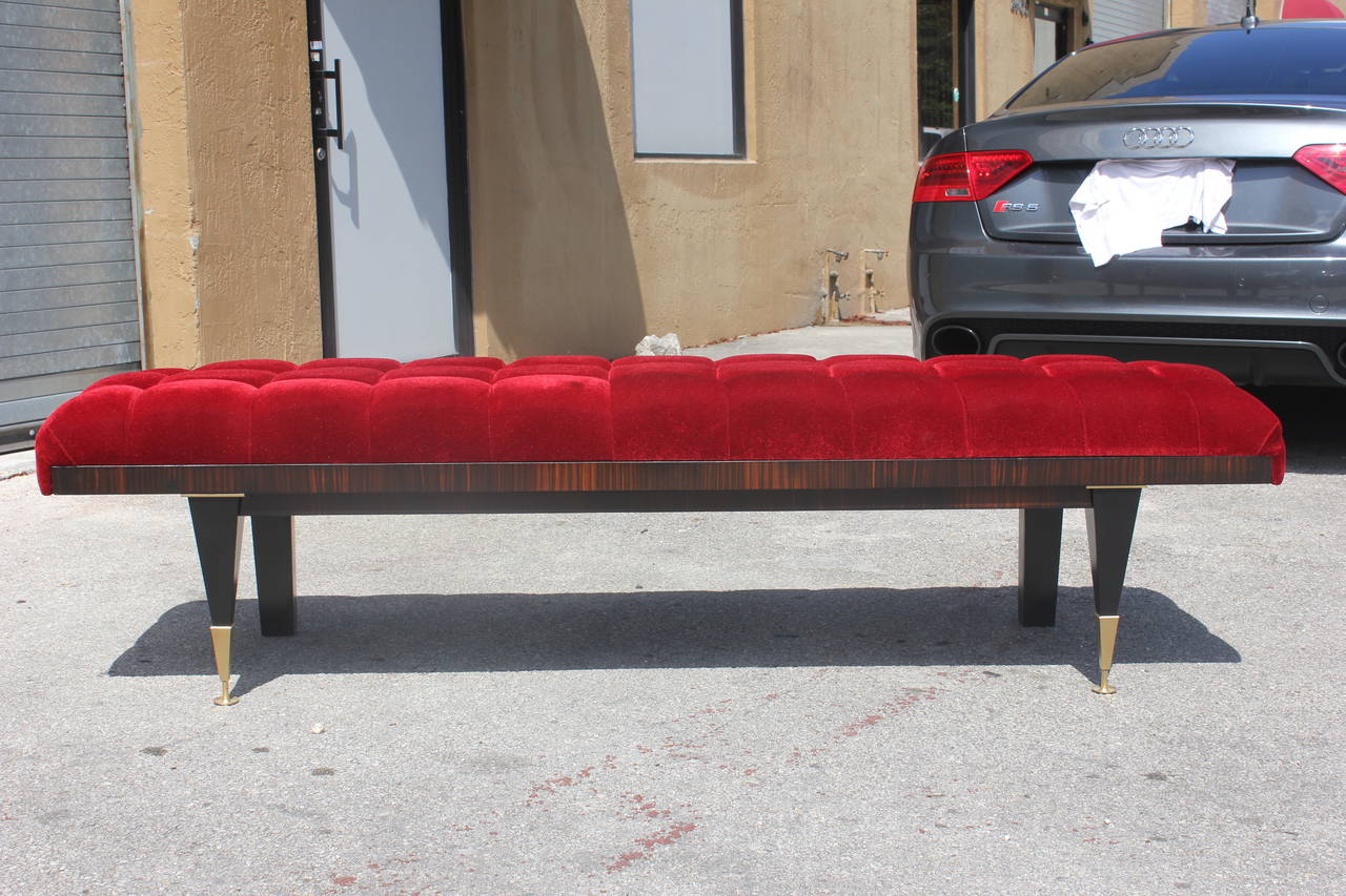 A French Art Deco Exotic Macassar Ebony with Red Velvet Sitting Bench, circa 1940's. Newly upholstered.