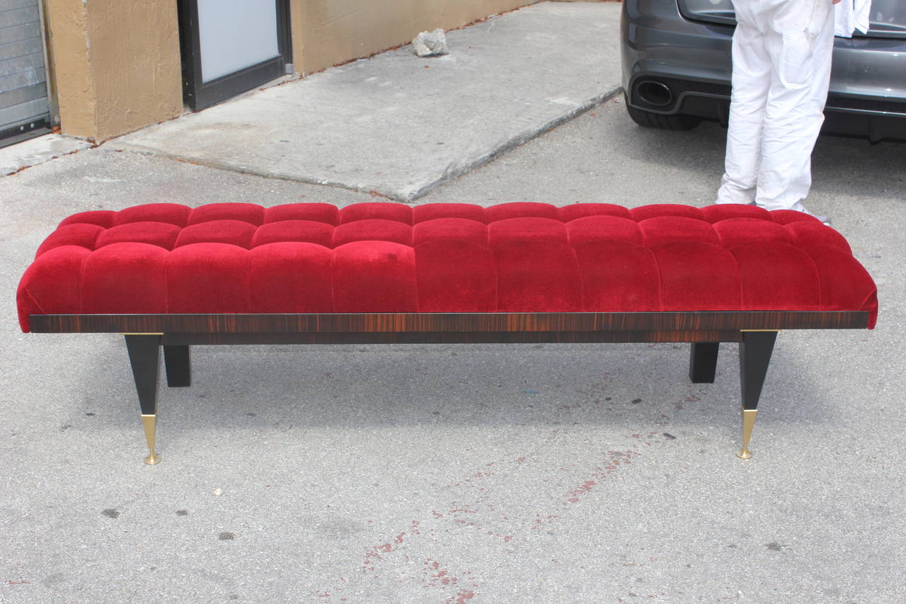 French Art Deco Exotic Macassar Ebony Red Velvet Sitting Bench In Excellent Condition In Hialeah, FL