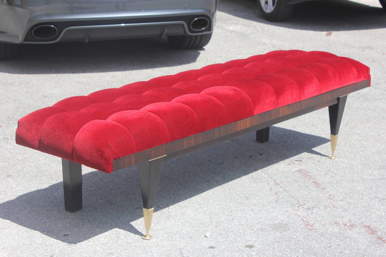 Mid-20th Century French Art Deco Exotic Macassar Ebony Red Velvet Sitting Bench
