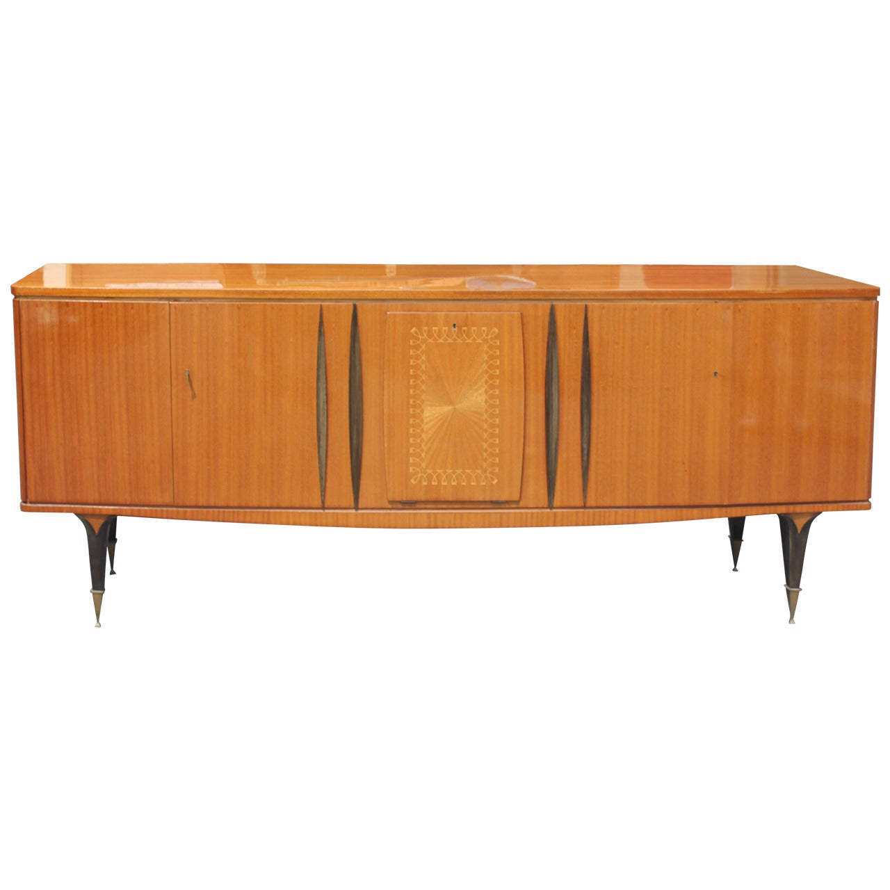 French Art Deco Sideboard / Buffet Grand Scale Flame Mahogany, circa 1940.
