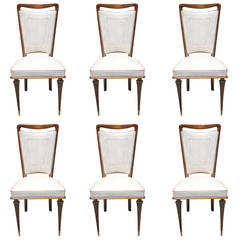 Set of Six French Art Deco Walnut Dining Chairs, circa 1940s