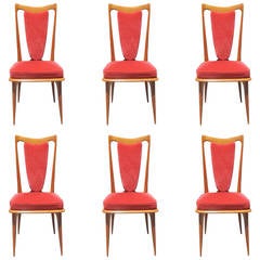Set of Six French Art Deco Walnut Dining Chairs, circa 1940s
