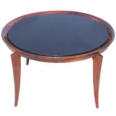 French Art Deco Large Round Coffee or Cocktail Table, Black Glass Top