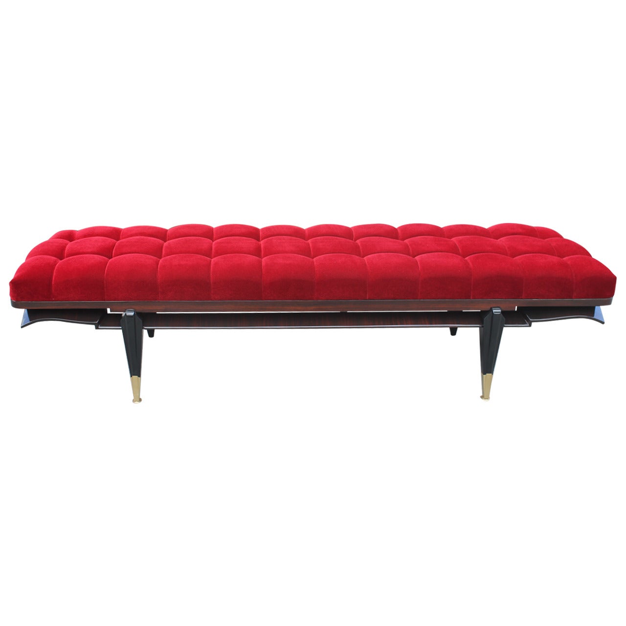 French Art Deco Exotic Macassar Ebony Red Velvet Sitting Bench, circa 1940s