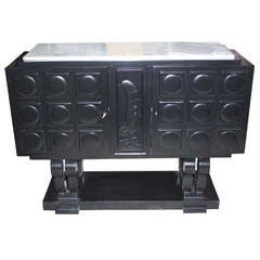 French Art Deco Carved Black Satin Dry Bar Marble Top
