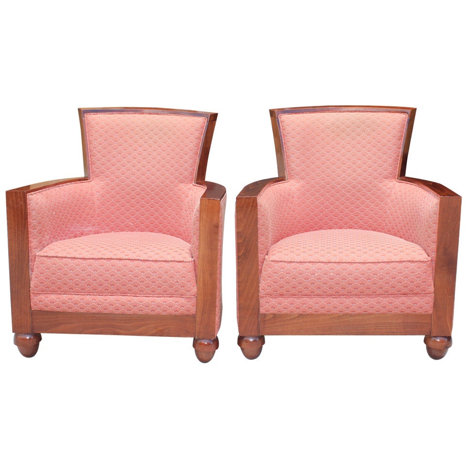 Pair French Art Deco Carved Walnut Club Chairs by Rosello