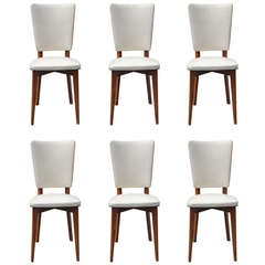 Set of Six French Art Deco Walnut Dining Chairs, circa 1940's