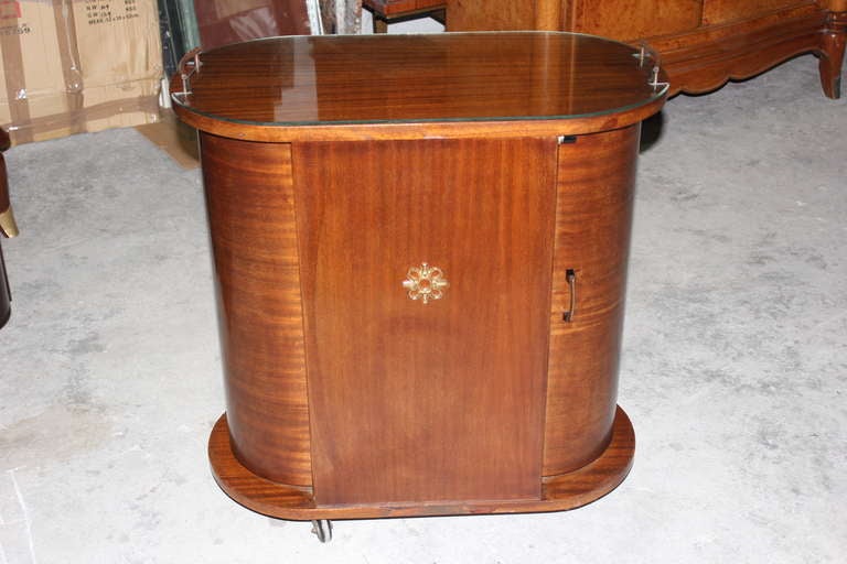 French Art Deco Mahogany Rolling Dry Bar, Curved Doors. Center Plaque.