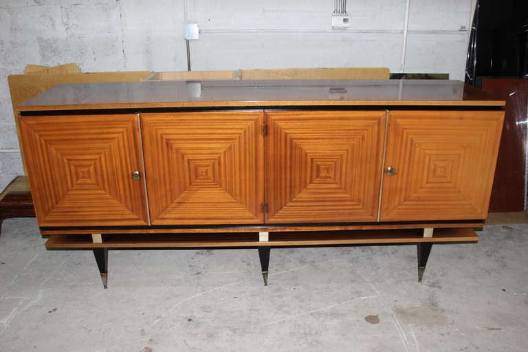 French Art Deco Blonde Mahogany Buffet, style of Maxime Old. Finished Interior. This buffet will come apart to suit elevator needs if necessary.