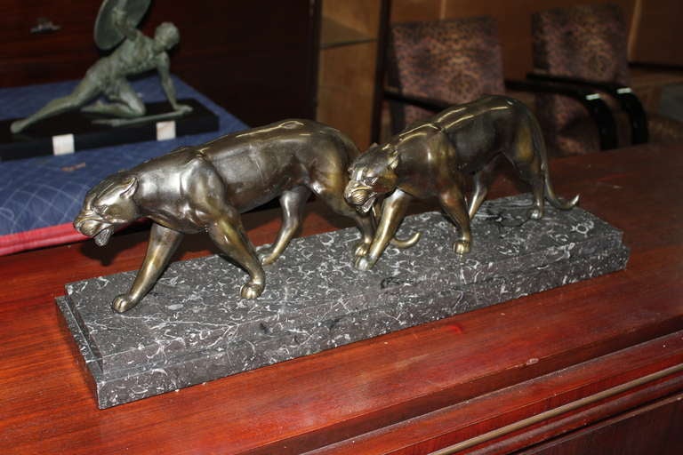 Large French Art Deco Sculpture Pair of Panthers