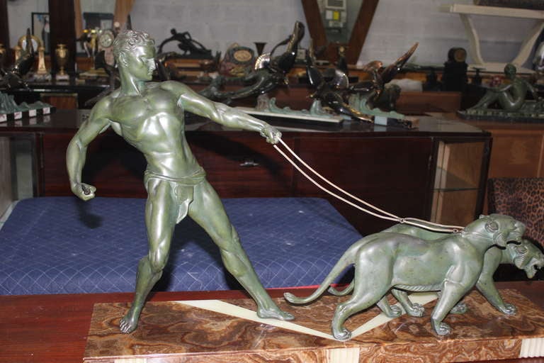 Monumental French Art Deco Sculpture by Jean de Roncourt "Man with Panthers"