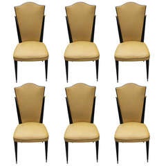 Set 6 French Art Deco Ebonized Walnut Dining Chairs, Brass Ball Detail