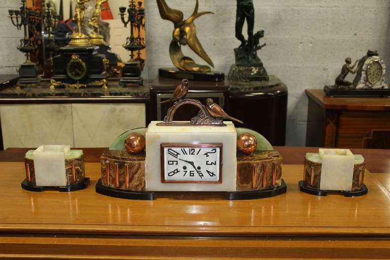 French Art Deco Clock Sculpture Group Bronze Birds
