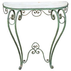 French Art Deco Patinated Iron/ Marble Top Console Table, circa 1940
s