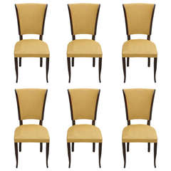 Set of Six French Art Deco Dark Walnut Dining Chairs, Classic Style, 1940s