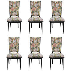 Set Six French Art Deco Ebonized Walnut and Floral Dining Chairs, Circa 1940s