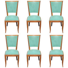 Suite of 6 French Art Deco Exotic Walnut Dining Chairs, circa 1940's
