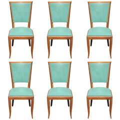 Suite of 6 French Art Deco Exotic Walnut Dining Chairs, circa 1940
s
