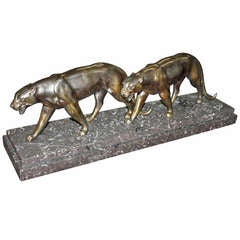 Large French Art Deco Sculpture Pair of Panthers