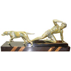 French Art Deco Sculpture Group Hunter and Dog by Jean de Roncourt