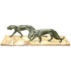Vintage French Art Deco Sculpture Group Panthers by M Font