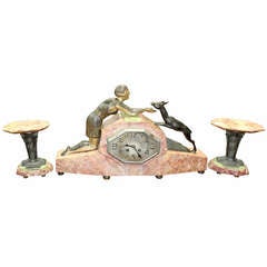 French Art Deco Clock Sculpture Group Lady with Deer