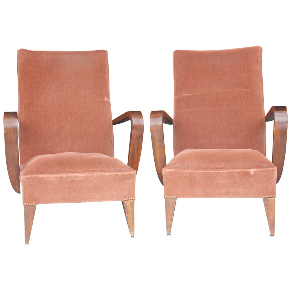 Pair French Art Deco Walnut Club Chairs, circa 1940s