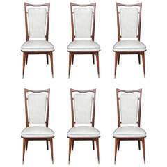 Set of Six French Art Deco Solid Walnut Dining Chairs, circa 1940s
