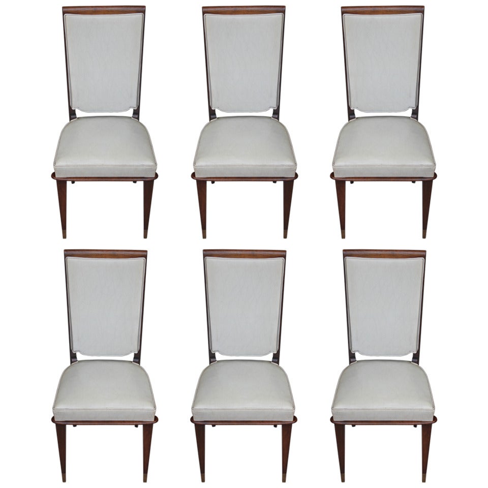 Set of 6 French Art Deco Solid Walnut Dining Chairs, circa 1940's