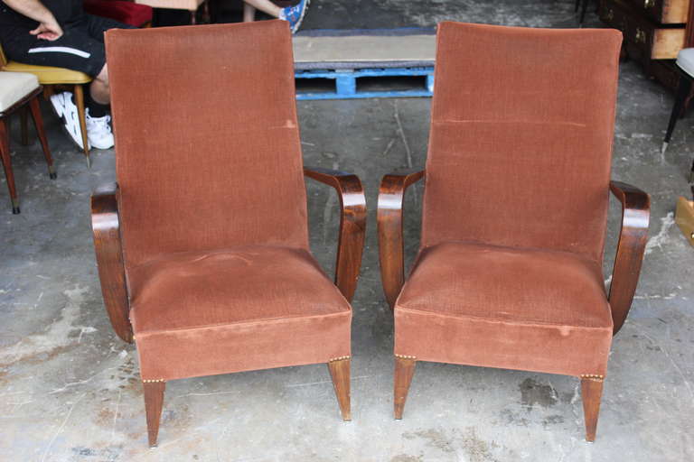 Pair French Art Deco Walnut Club Chairs, circa 1940s In Good Condition In Hialeah, FL