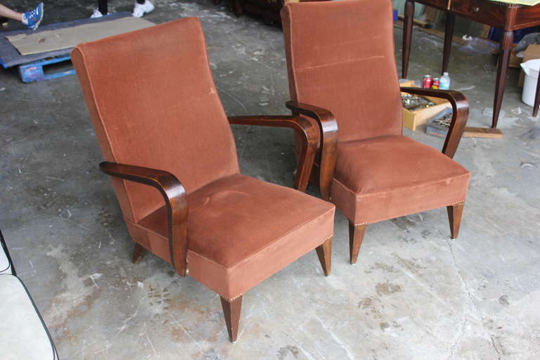 Mid-20th Century Pair French Art Deco Walnut Club Chairs, circa 1940s