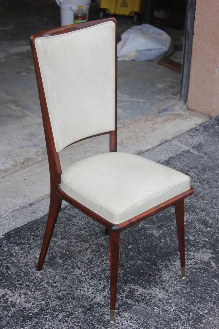 Mid-20th Century Set of 6 French Art Deco Solid Walnut Dining Chairs, circa 1940's