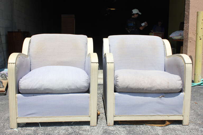 Pair French Art Deco Large Mahogany Club Chairs, circa 1940's In Good Condition In Hialeah, FL