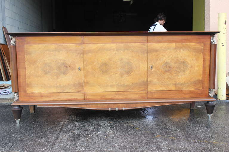 A French Art Deco Palisander with Burl Buffet, circa 1940's. Corner column detail, nickel accents.
