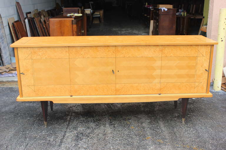 A French Art Deco Burl Wood with Sycamore Buffet/ Sideboard, circa 1940's. Interior finished, all keys present, excellent condition.