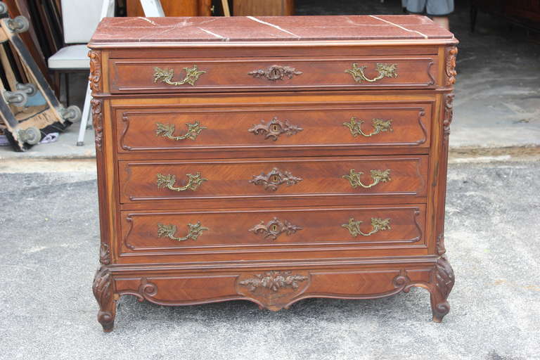 An Antique Henri III French 4 Drawer, Marble Topped Commode. Carved walnut. Excellent condition.