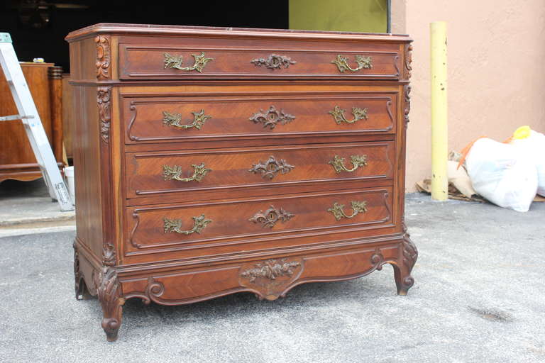 19th Century Antique 4 Drawer French Commode with Maroon Marble Top