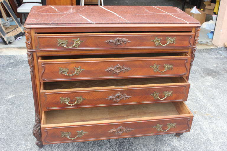 Antique 4 Drawer French Commode with Maroon Marble Top 4