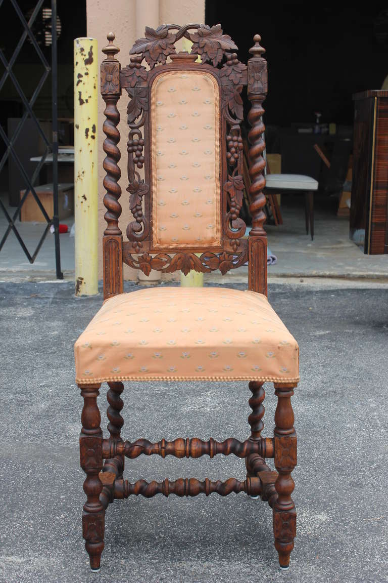 Set of 6 French Antique 19thc. Carved Oak Dining Chairs. Elaborate carving. Reupholstery recommended.