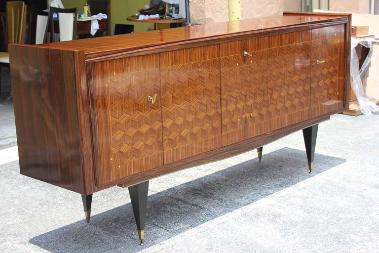 Mid-20th Century French Art Deco Five-Door, Exotic Macassar Ebony Marquetry Buffet or Sideboard