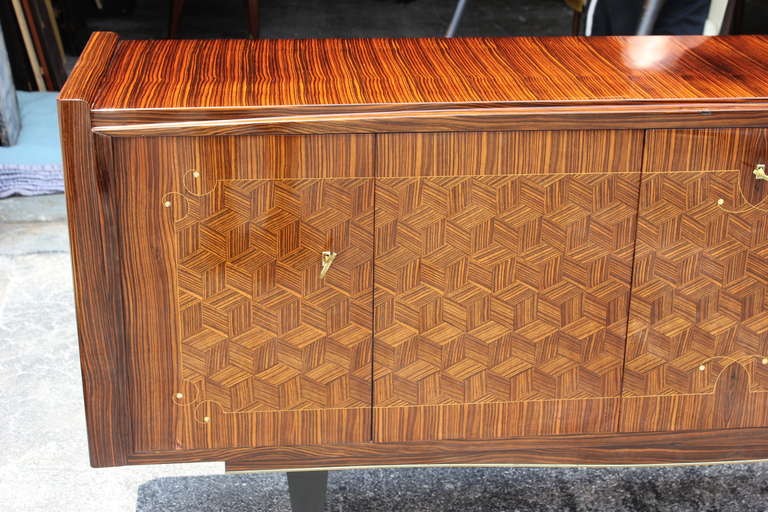 Glass French Art Deco Five-Door, Exotic Macassar Ebony Marquetry Buffet or Sideboard