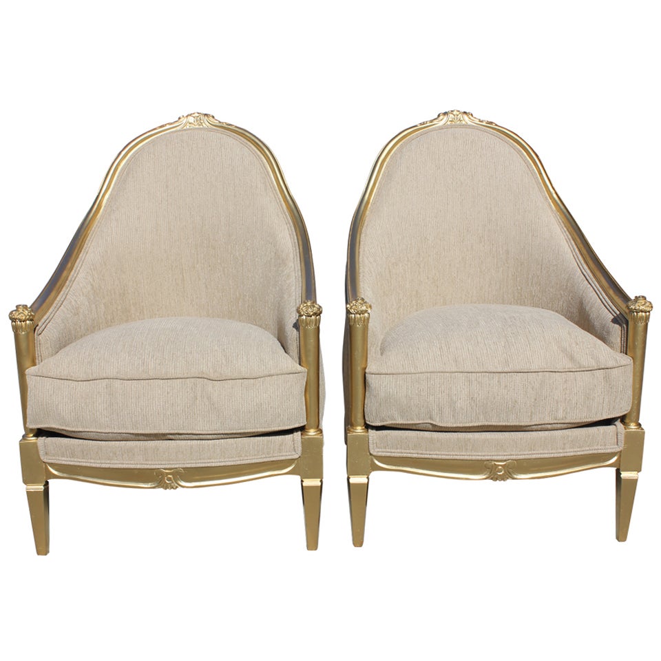 Pair French Art Deco Giltwood Club Chairs style Paul Follot