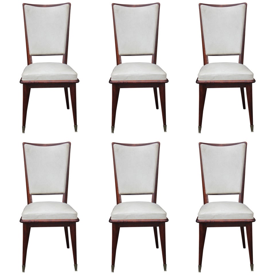 Set of 6 French Art Deco Solid Walnut Dining Chairs, circa 1940's