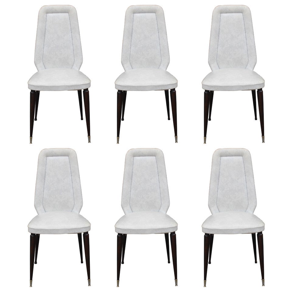 Suite of Six French Art Deco/Art Modern Solid Mahogany Dining Chairs