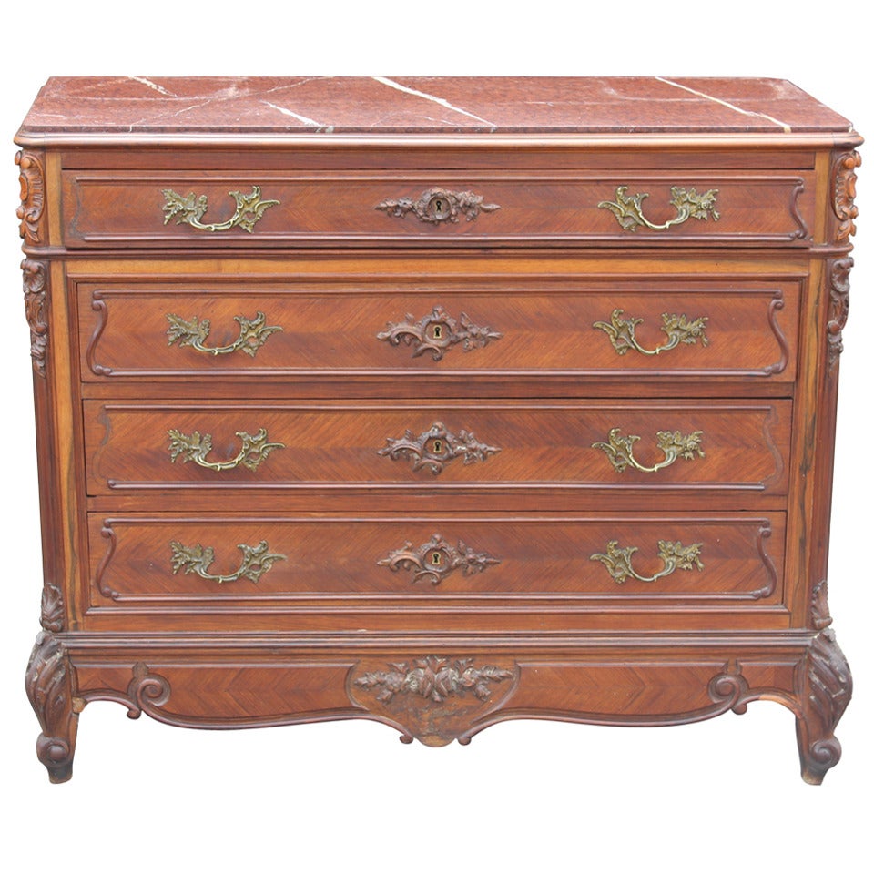 Antique 4 Drawer French Commode with Maroon Marble Top