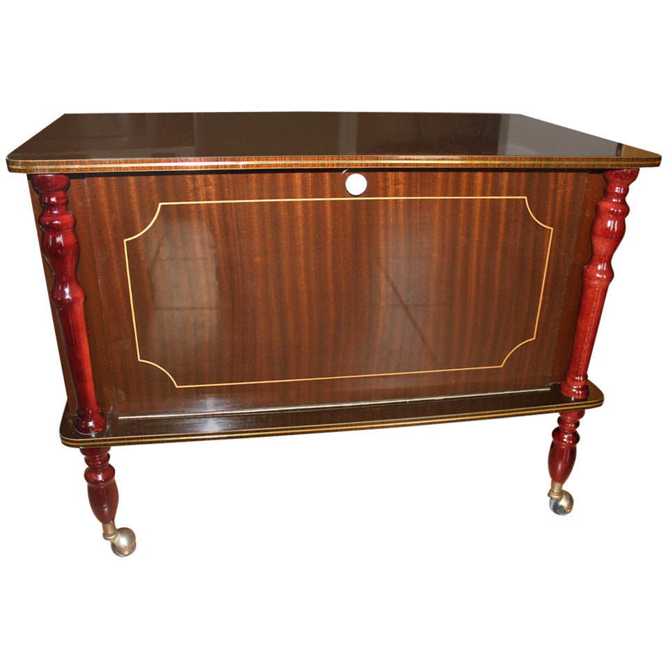 French Art Deco Flame Mahogany Rolling Dry Bar